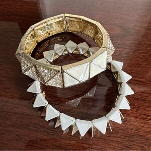 Set of 2 Bracelets White Gold Crystal Stretchy Geometric